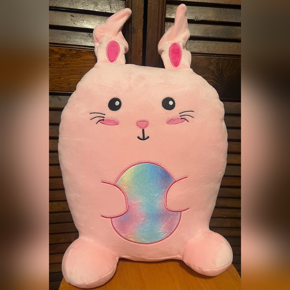 Pink Plush Easter Egg Bunny Toy/Pillow with Rainbow Belly